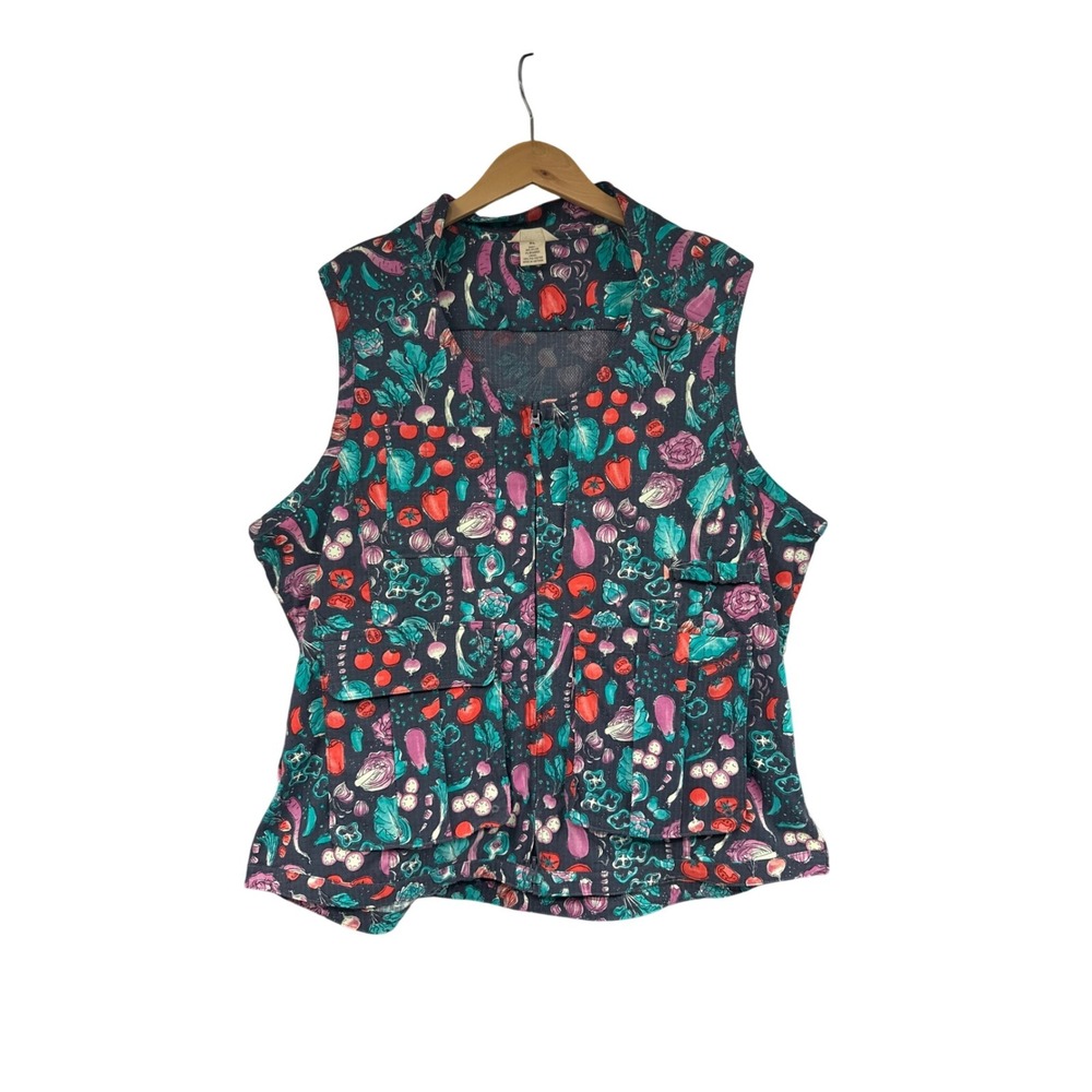 Duluth Trading Co Womens XL Garden Utility Vest Vegetable Print Blue Full Zip